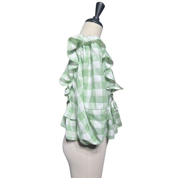 Olivaceous Short Puffy Sleeve Empire Ruffled Waist Gingham Blouse Size M - Picture 2 of 6